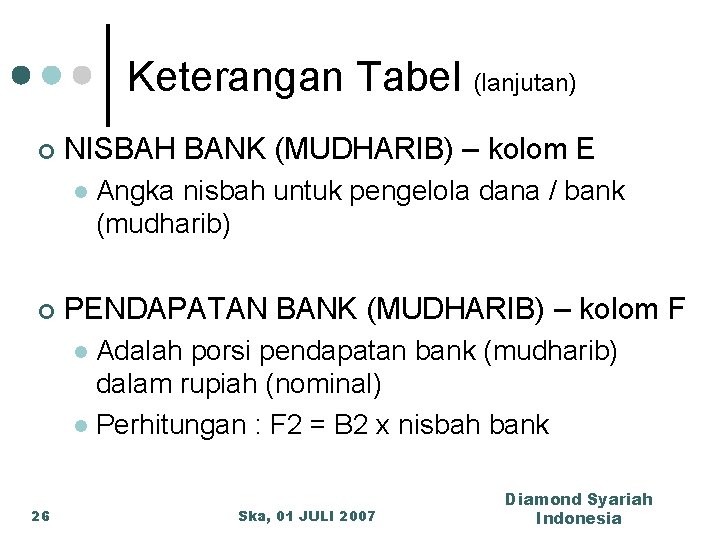 Keterangan Tabel (lanjutan) ¢ NISBAH BANK (MUDHARIB) – kolom E l ¢ Angka nisbah