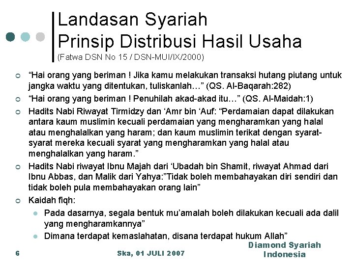 Landasan Syariah Prinsip Distribusi Hasil Usaha (Fatwa DSN No 15 / DSN-MUI/IX/2000) ¢ ¢