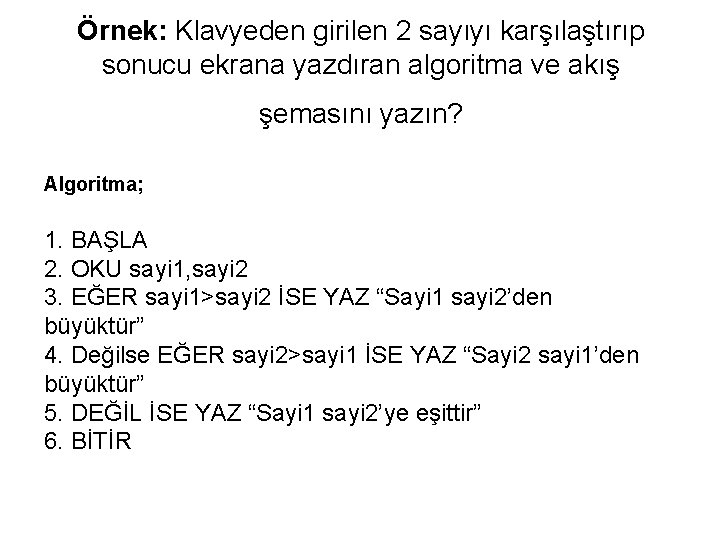 Örnek: Klavyeden girilen 2 sayıyı karşılaştırıp sonucu ekrana yazdıran algoritma ve akış şemasını yazın?