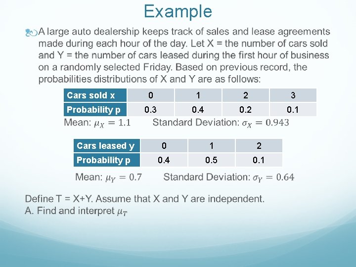 Example Cars sold x Probability p 0 1 2 3 0. 4 0. 2