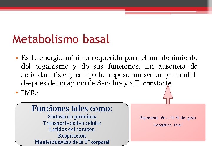 Metabolismo basal • Es la energía mínima requerida para el mantenimiento del organismo y
