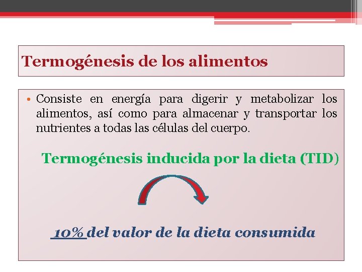 Termogénesis de los alimentos • Consiste en energía para digerir y metabolizar los alimentos,