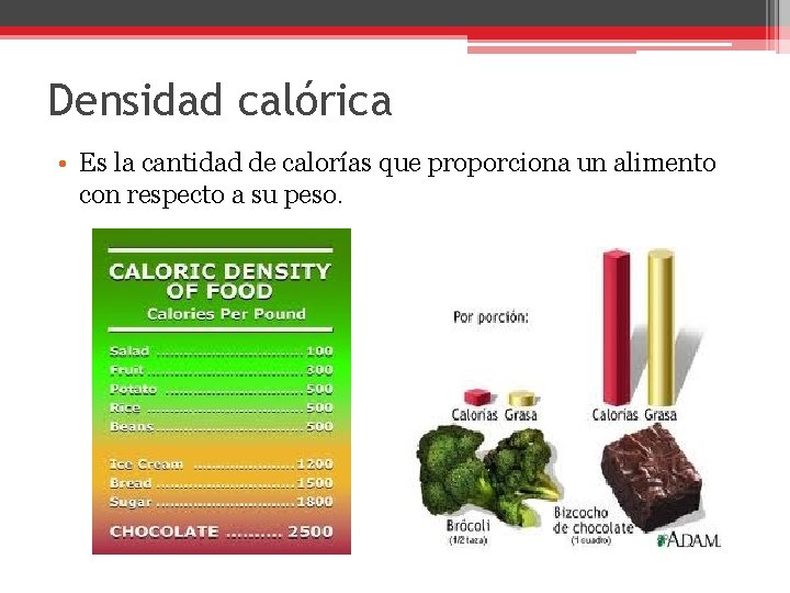 Densidad calórica • Es la cantidad de calorías que proporciona un alimento con respecto