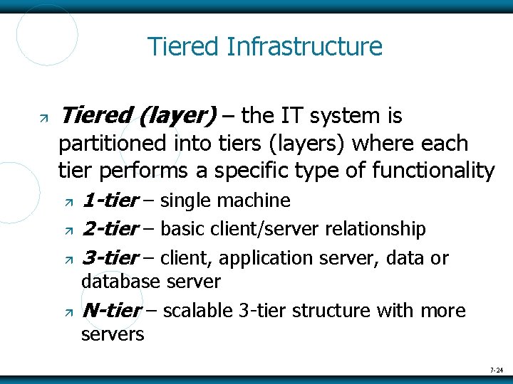 Tiered Infrastructure Tiered (layer) – the IT system is partitioned into tiers (layers) where