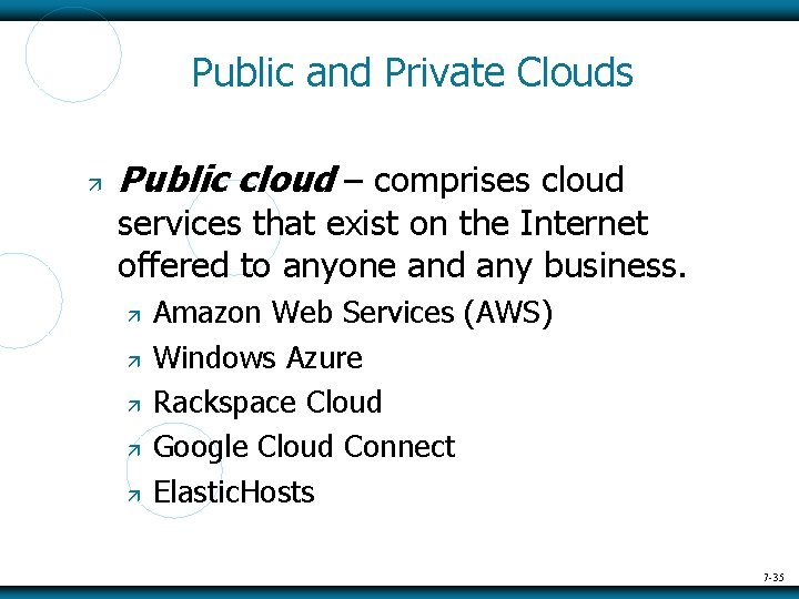 Public and Private Clouds Public cloud – comprises cloud services that exist on the