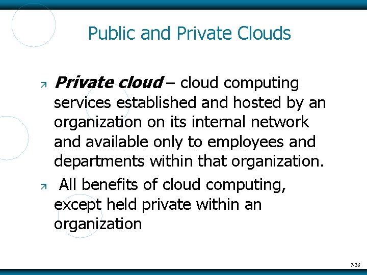 Public and Private Clouds Private cloud – cloud computing services established and hosted by