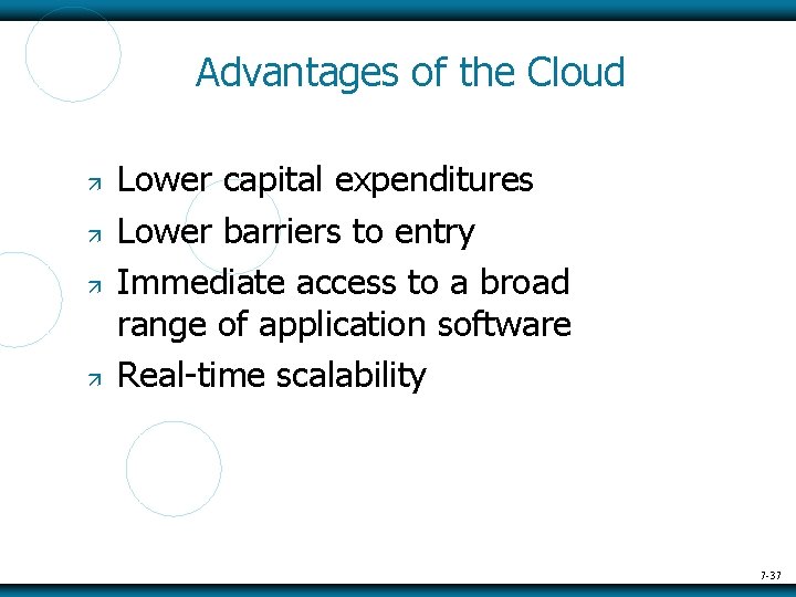 Advantages of the Cloud Lower capital expenditures Lower barriers to entry Immediate access to