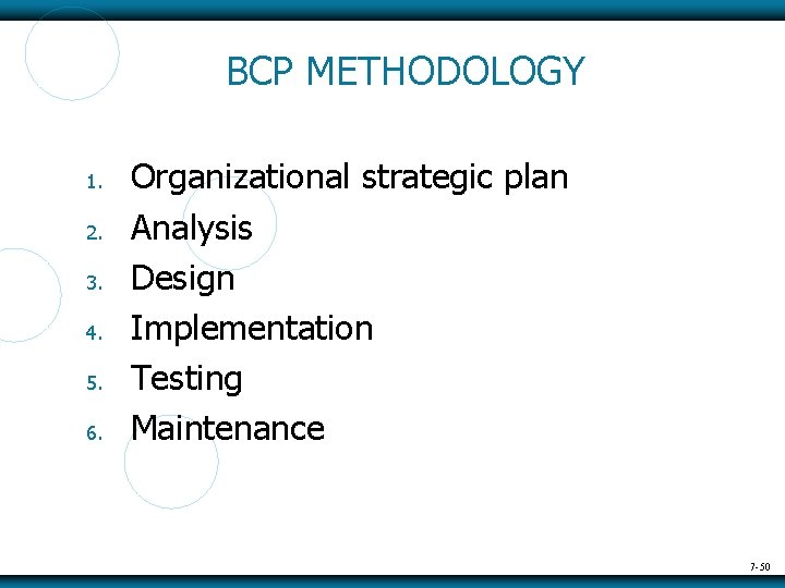 BCP METHODOLOGY 1. 2. 3. 4. 5. 6. Organizational strategic plan Analysis Design Implementation