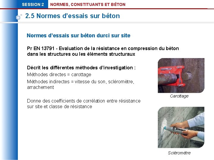 SESSION 2 NORMES, CONSTITUANTS ET BÉTON 2. 5 Normes d’essais sur béton durci sur