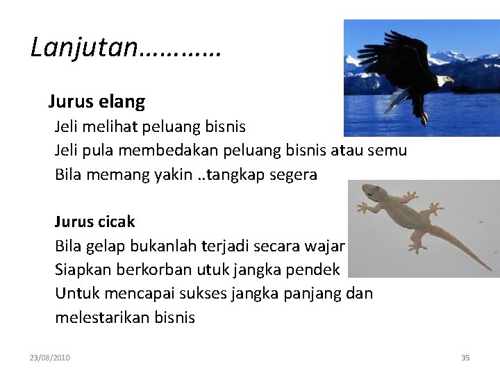 Lanjutan………… Jurus elang Jeli melihat peluang bisnis Jeli pula membedakan peluang bisnis atau semu