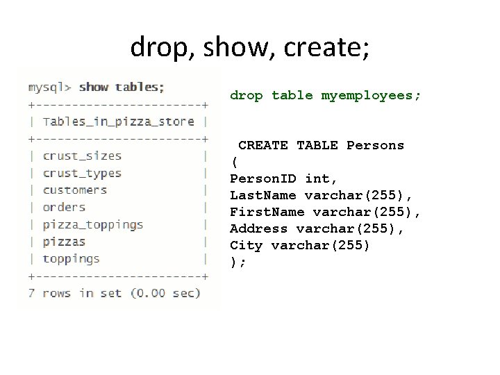 drop, show, create; drop table myemployees; CREATE TABLE Persons ( Person. ID int, Last.