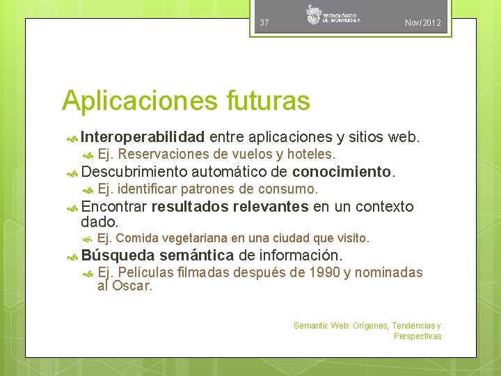 37 Nov/2012 Aplicaciones futuras Interoperabilidad entre aplicaciones y sitios web. Ej. Reservaciones de vuelos