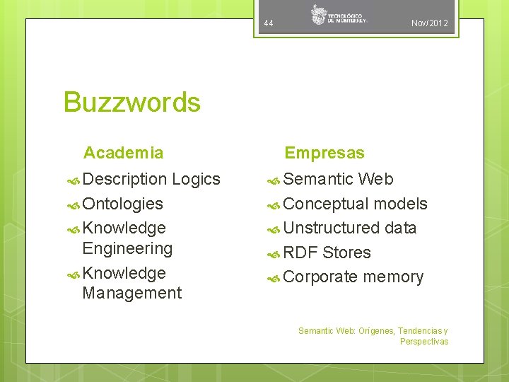 44 Nov/2012 Buzzwords Academia Empresas Description Logics Semantic Web Ontologies Conceptual models Knowledge Unstructured