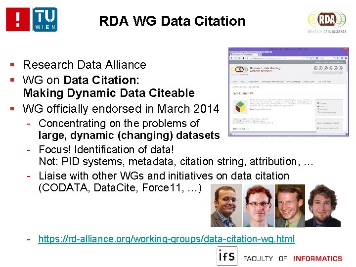 RDA WG Data Citation Research Data Alliance WG on Data Citation: Making Dynamic Data