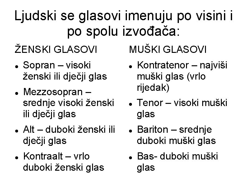 Ljudski se glasovi imenuju po visini i po spolu izvođača: ŽENSKI GLASOVI Sopran – Ljudski se glasovi imenuju po visini i po spolu izvođača: ŽENSKI GLASOVI Sopran –