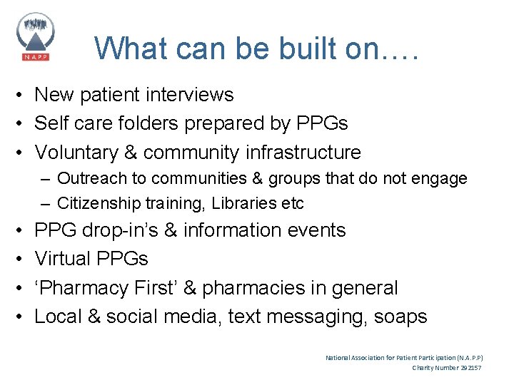 What can be built on…. • New patient interviews • Self care folders prepared