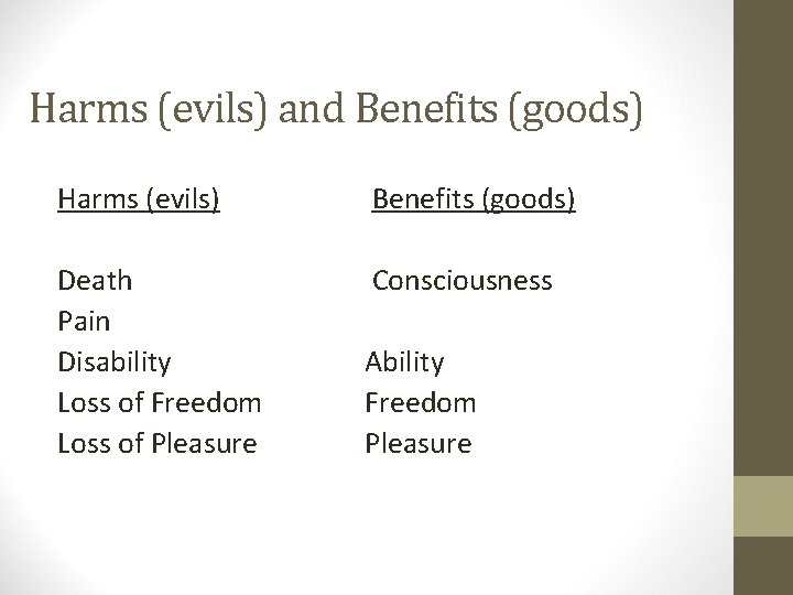 Harms (evils) and Benefits (goods) Harms (evils) Benefits (goods) Death Pain Disability Loss of