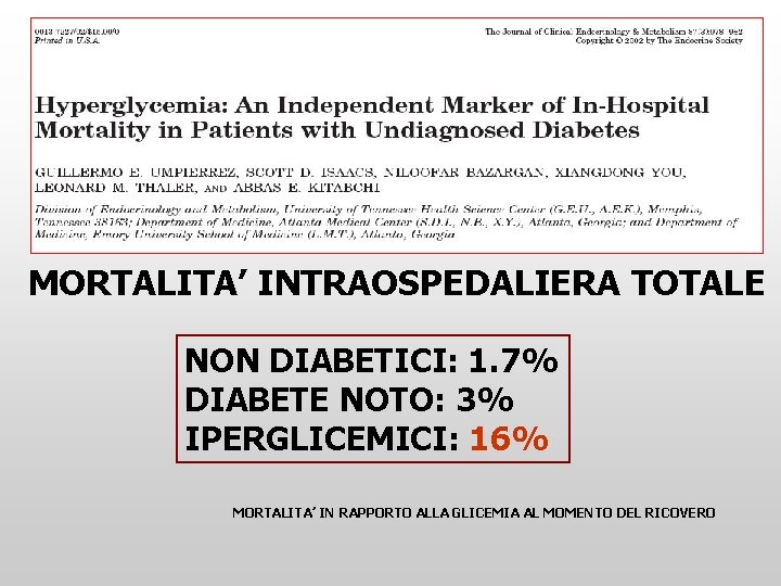 MORTALITA’ INTRAOSPEDALIERA TOTALE NON DIABETICI: 1. 7% DIABETE NOTO: 3% IPERGLICEMICI: 16% MORTALITA’ IN