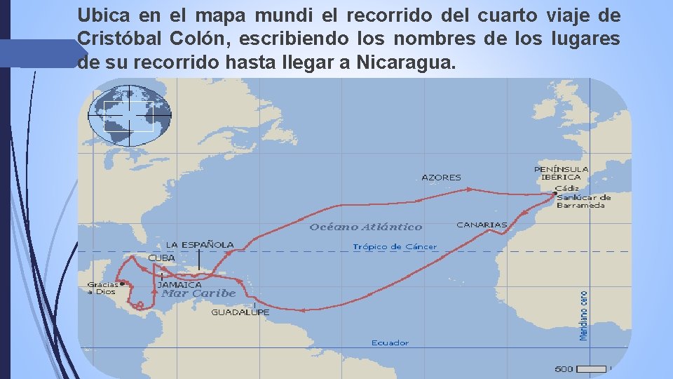 Ubica en el mapa mundi el recorrido del cuarto viaje de Cristóbal Colón, escribiendo