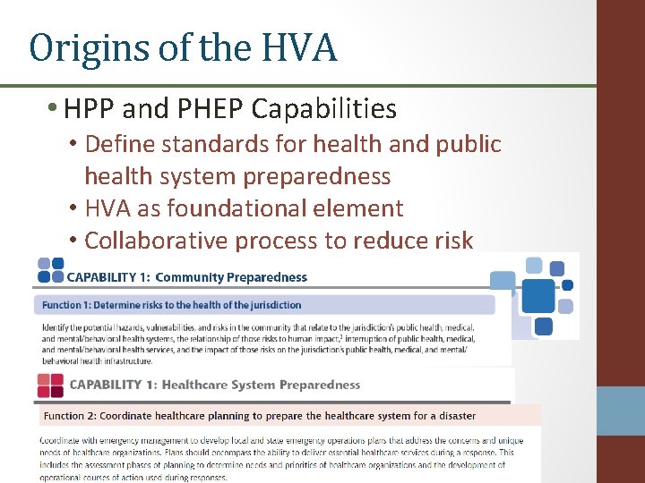 Origins of the HVA • HPP and PHEP Capabilities • Define standards for health
