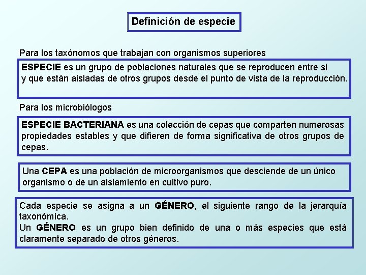 Definición de especie Para los taxónomos que trabajan con organismos superiores ESPECIE es un