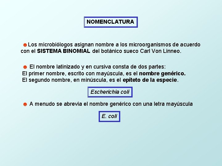 NOMENCLATURA ☻Los microbiólogos asignan nombre a los microorganismos de acuerdo con el SISTEMA BINOMIAL
