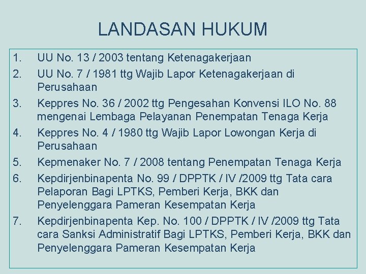 LANDASAN HUKUM 1. 2. 3. 4. 5. 6. 7. UU No. 13 / 2003