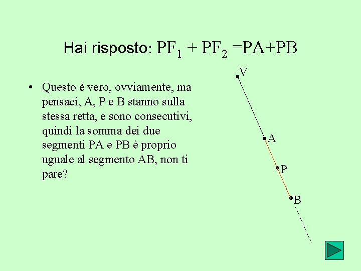 Hai risposto: PF 1 + PF 2 =PA+PB V • Questo è vero, ovviamente,