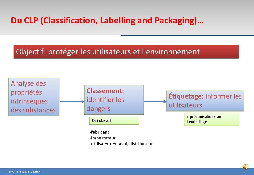 Du CLP (Classification, Labelling and Packaging)… Objectif: protéger les utilisateurs et l'environnement Analyse des