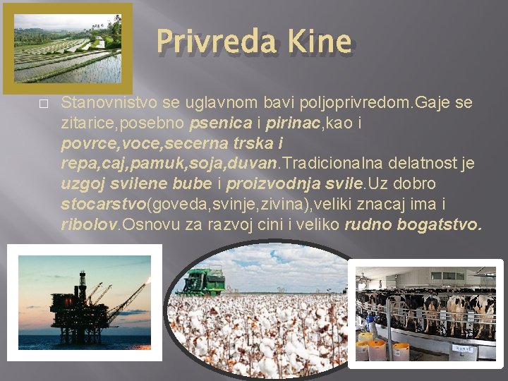 Privreda Kine � Stanovnistvo se uglavnom bavi poljoprivredom. Gaje se zitarice, posebno psenica i