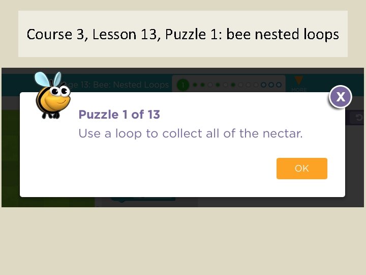 Course 3, Lesson 13, Puzzle 1: bee nested loops 