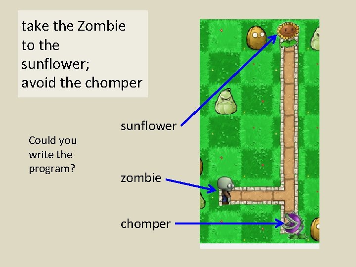 take the Zombie to the sunflower; avoid the chomper Could you write the program?