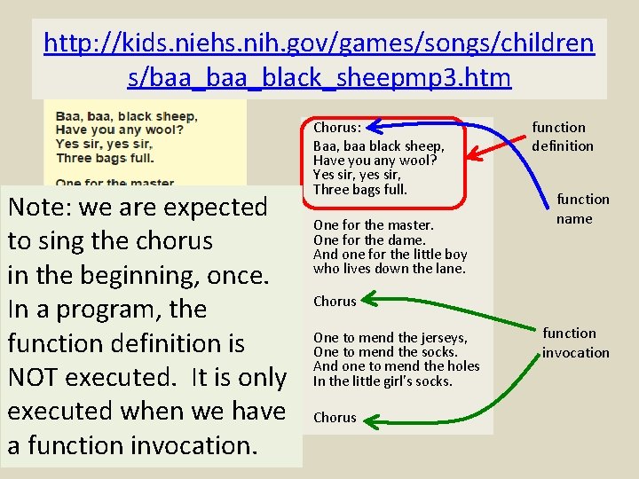 http: //kids. niehs. nih. gov/games/songs/children s/baa_black_sheepmp 3. htm Note: we are expected to sing