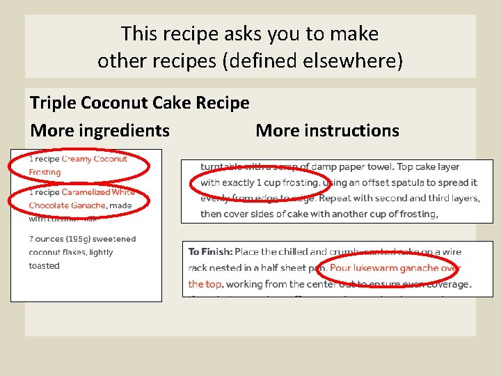 This recipe asks you to make other recipes (defined elsewhere) Triple Coconut Cake Recipe