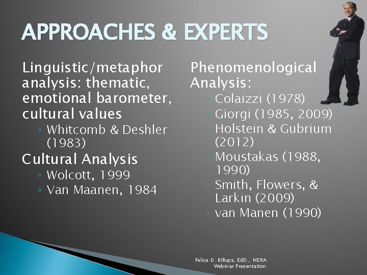 APPROACHES & EXPERTS Linguistic/metaphor analysis: thematic, emotional barometer, cultural values ◦ Whitcomb & Deshler
