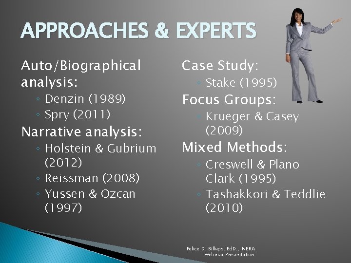 APPROACHES & EXPERTS Auto/Biographical analysis: Case Study: ◦ Stake (1995) ◦ Denzin (1989) ◦