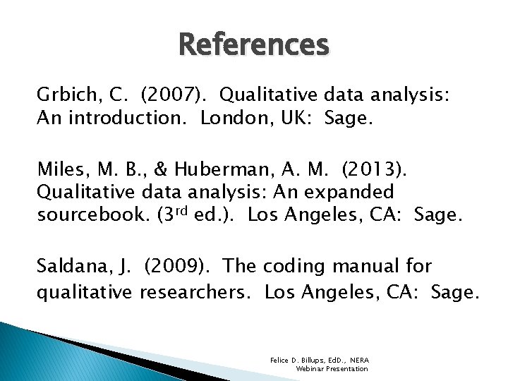 References Grbich, C. (2007). Qualitative data analysis: An introduction. London, UK: Sage. Miles, M.