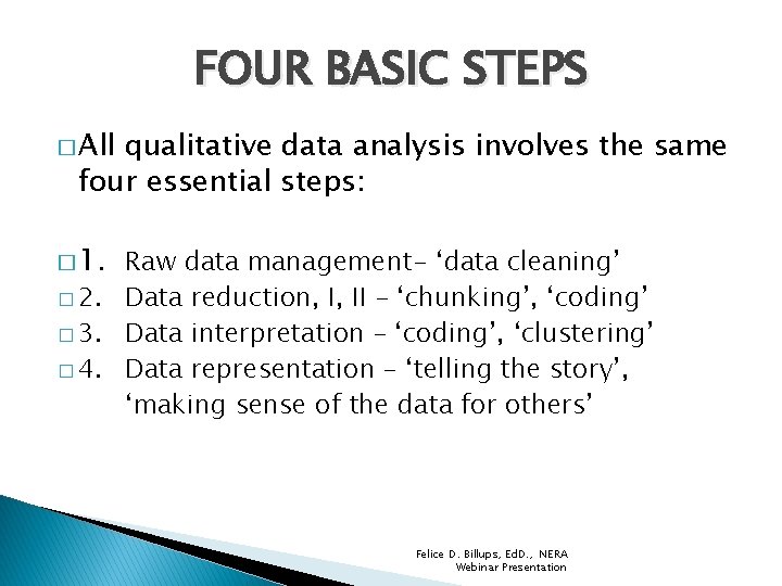 FOUR BASIC STEPS � All qualitative data analysis involves the same four essential steps: