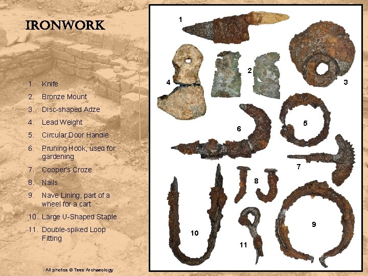 1 ironwork 2 1. Knife 2. Bronze Mount 3. Disc-shaped Adze 4. Lead Weight