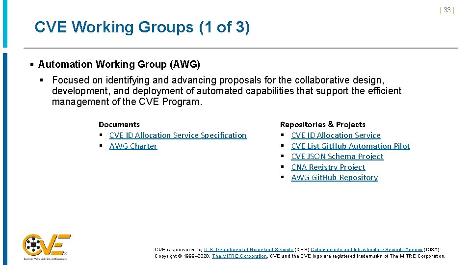 | 33 | CVE Working Groups (1 of 3) § Automation Working Group (AWG)