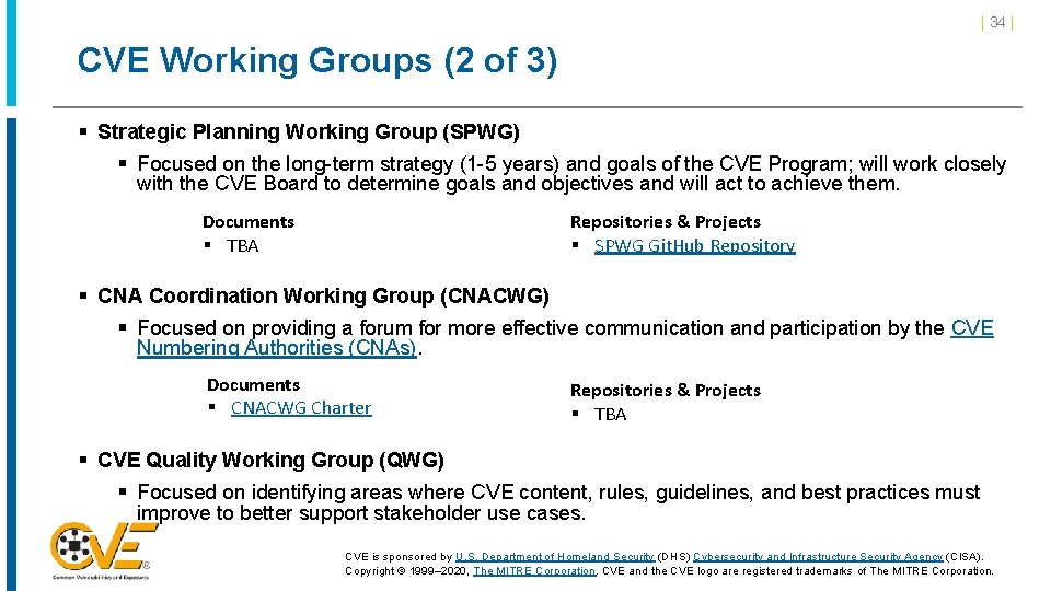 | 34 | CVE Working Groups (2 of 3) § Strategic Planning Working Group