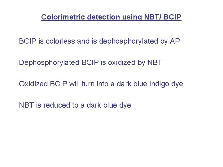 Colorimetric detection using NBT/ BCIP is colorless and is dephosphorylated by AP Dephosphorylated BCIP