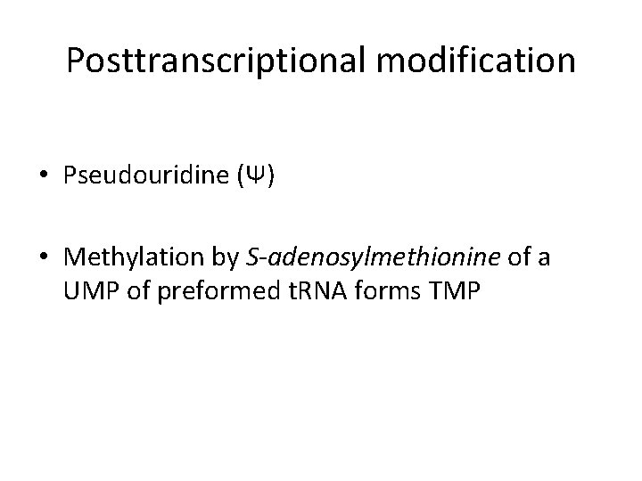Posttranscriptional modification • Pseudouridine (Ψ) • Methylation by S-adenosylmethionine of a UMP of preformed