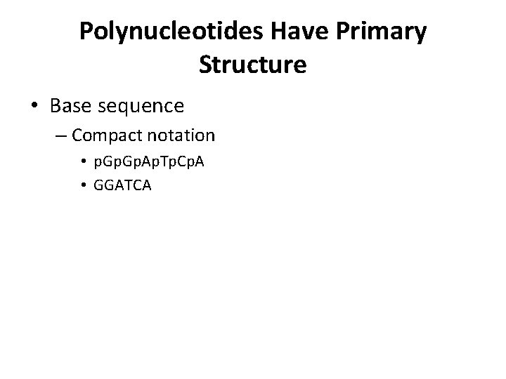 Polynucleotides Have Primary Structure • Base sequence – Compact notation • p. Gp. Ap.