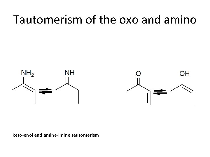 Tautomerism of the oxo and amino keto-enol and amine-imine tautomerism 