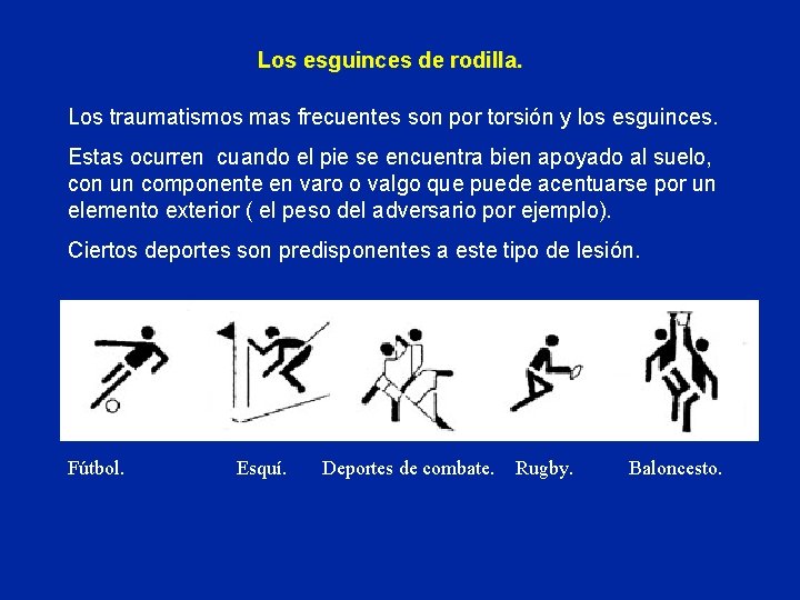 Los esguinces de rodilla. Los traumatismos mas frecuentes son por torsión y los esguinces.