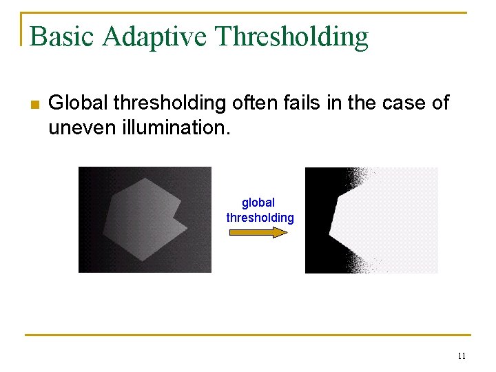 Basic Adaptive Thresholding n Global thresholding often fails in the case of uneven illumination. Basic Adaptive Thresholding n Global thresholding often fails in the case of uneven illumination.