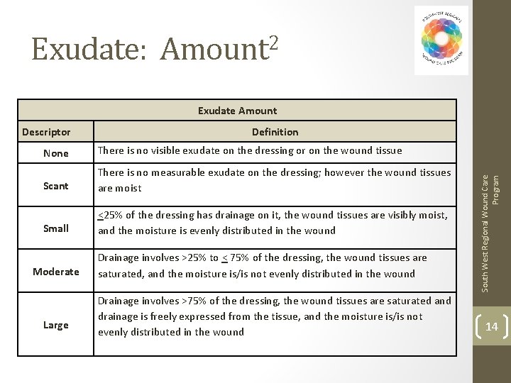 Exudate: Amount 2 Exudate Amount Definition None There is no visible exudate on the