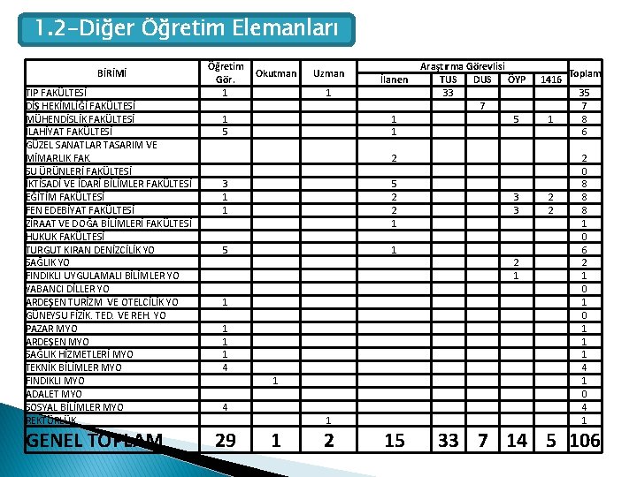 1. 2 -Diğer Öğretim Elemanları BİRİMİ TIP FAKÜLTESİ DİŞ HEKİMLİĞİ FAKÜLTESİ MÜHENDİSLİK FAKÜLTESİ İLAHİYAT