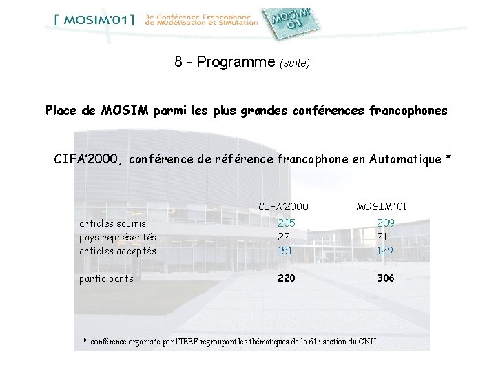 8 - Programme (suite) Place de MOSIM parmi les plus grandes conférences francophones CIFA’